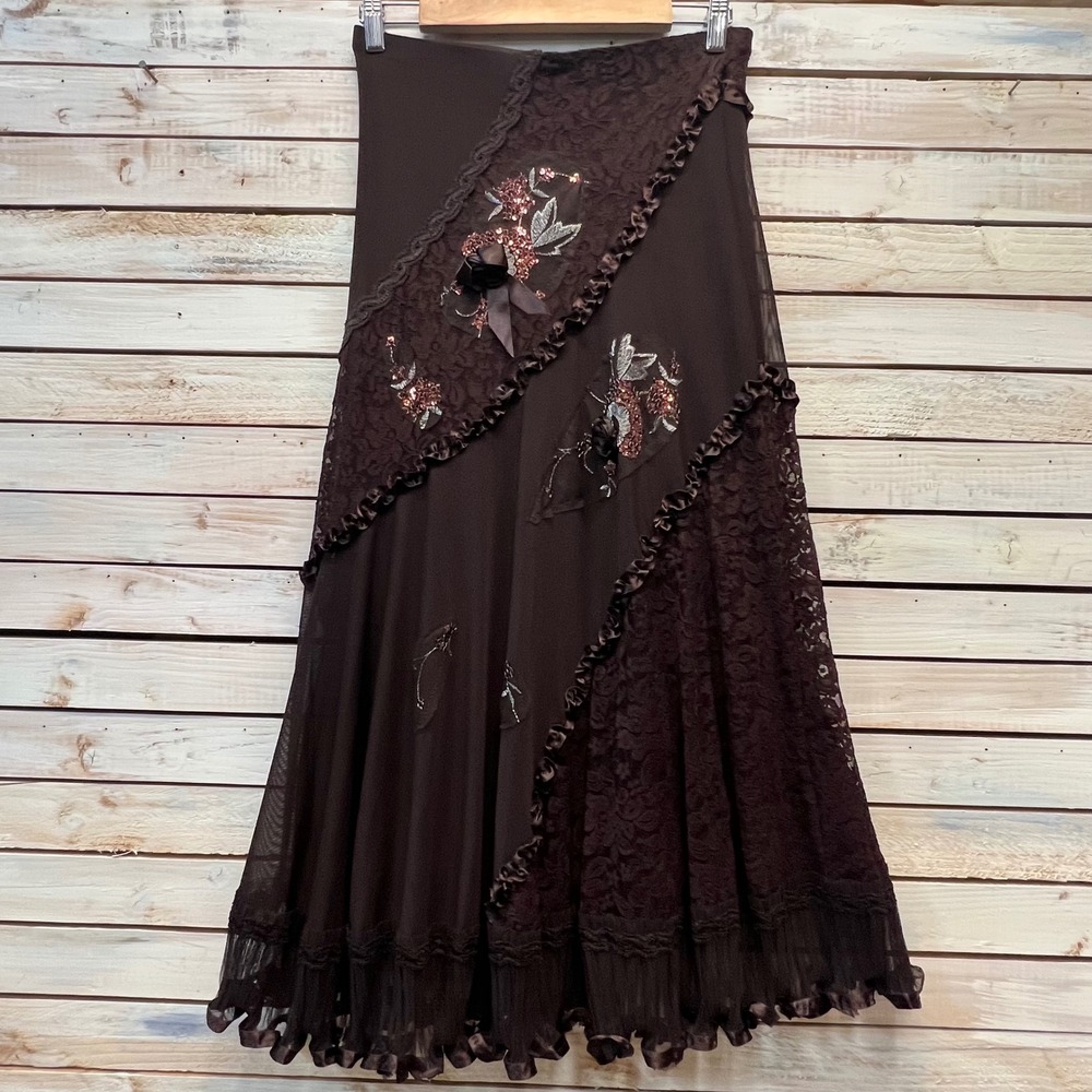 Vintage Boho Ruffle Sequin Embroidered Lace Mesh Midi Skirt Fairycore Y2K M - Picture 2 of 8